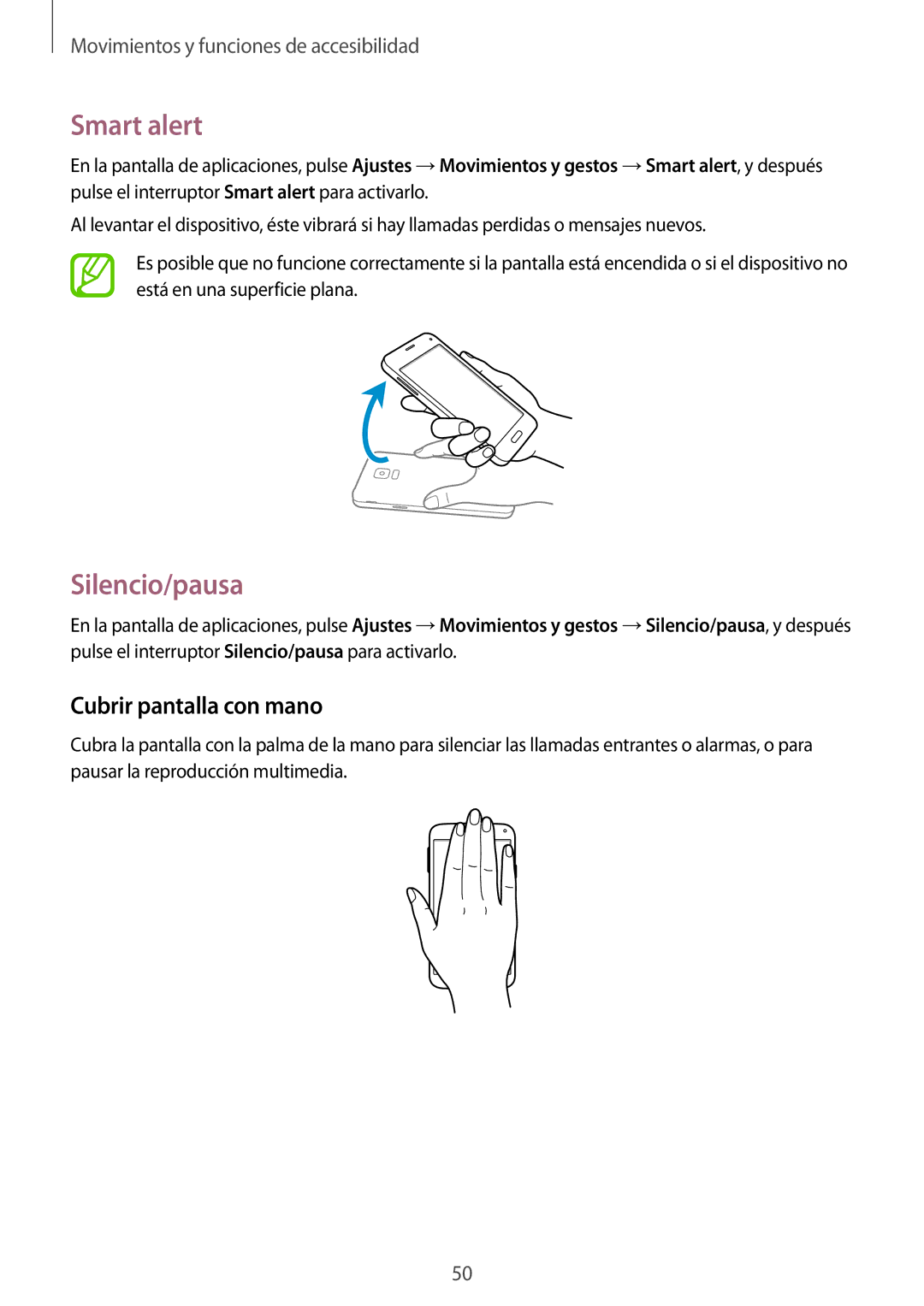 Samsung SM-G800FZKATPH, SM-G800FZKADBT, SM-G800FZBADBT, SM-G800FZKAXEF Smart alert, Silencio/pausa, Cubrir pantalla con mano 