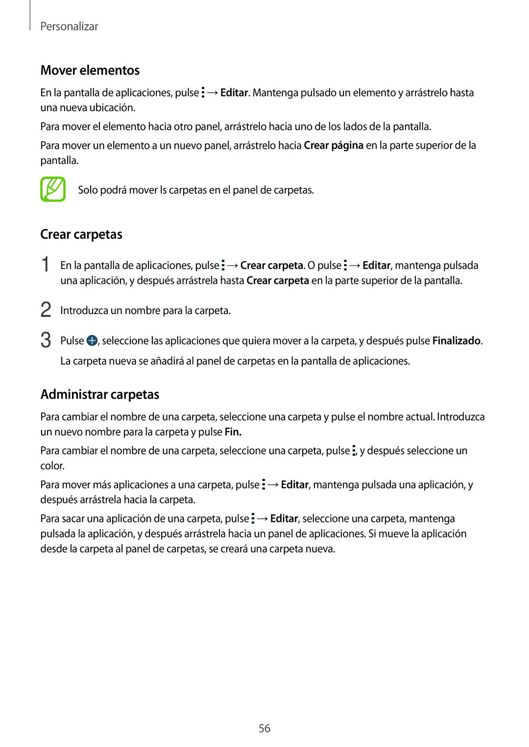 Samsung SM-G800FZKADBT, SM-G800FZBADBT, SM-G800FZKAXEF, SM-G800FZWAITV, SM-G800FZDAROM manual Mover elementos, Crear carpetas 