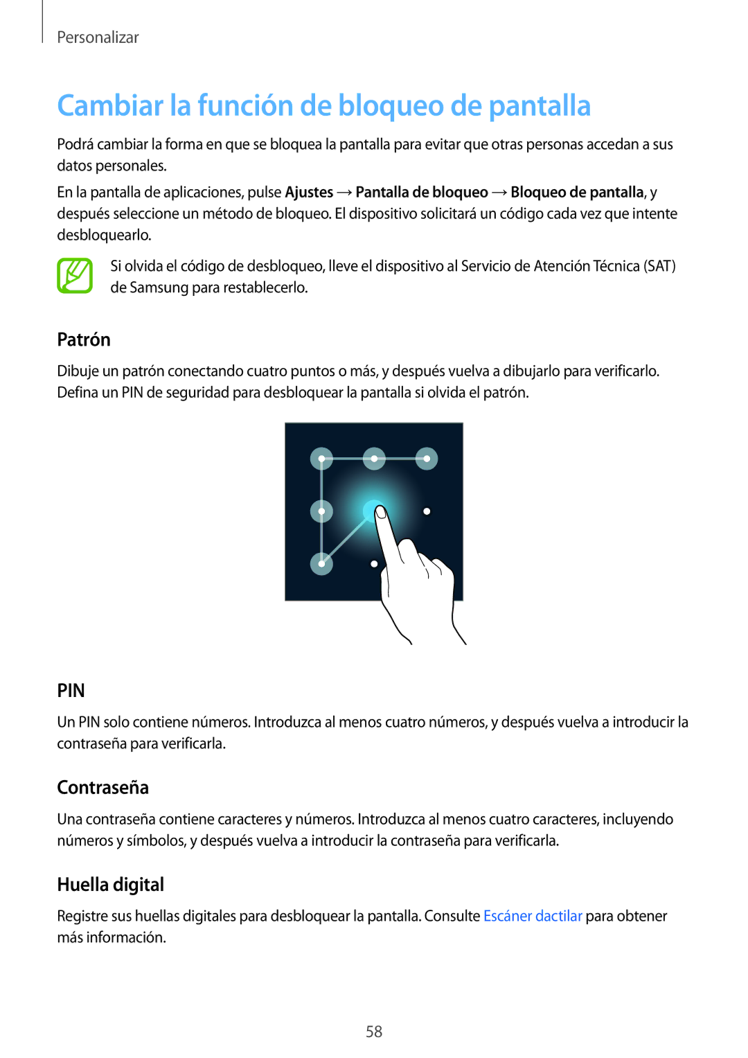 Samsung SM-G800FZKAXEF, SM-G800FZKADBT manual Cambiar la función de bloqueo de pantalla, Patrón, Contraseña, Huella digital 