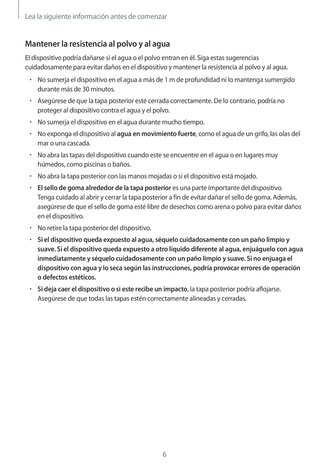 Samsung SM-G800FZWAROM, SM-G800FZKADBT, SM-G800FZBADBT, SM-G800FZKAXEF manual Mantener la resistencia al polvo y al agua 