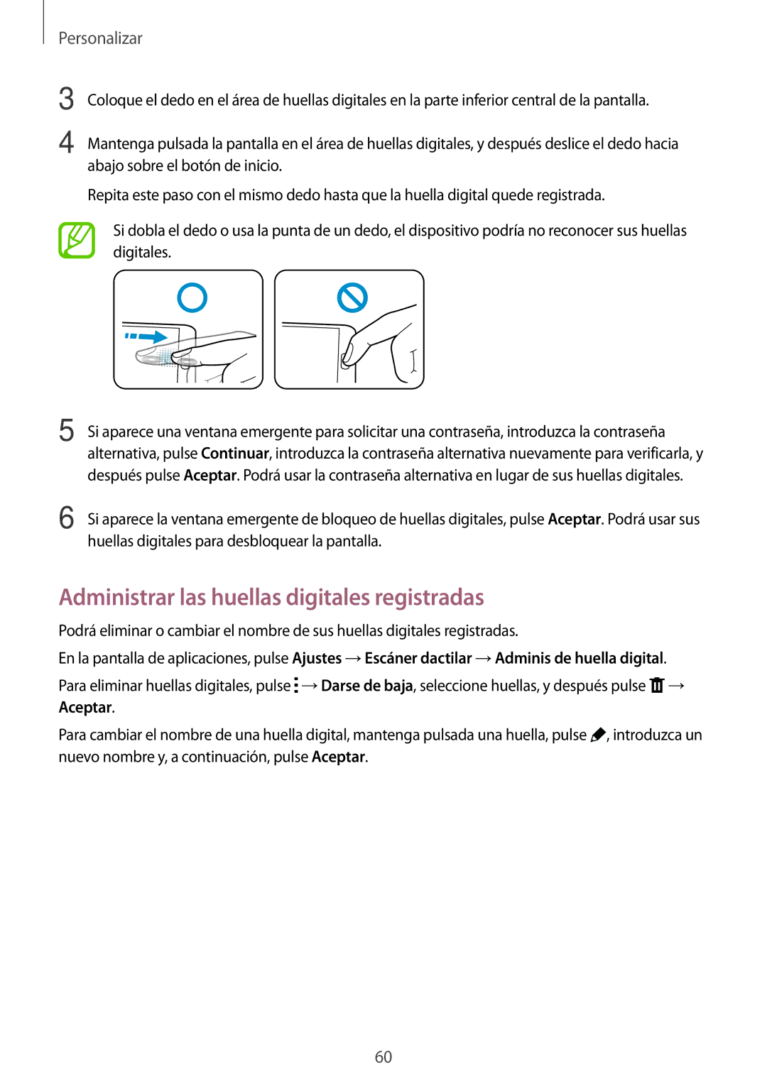Samsung SM-G800FZDAROM, SM-G800FZKADBT, SM-G800FZBADBT, SM-G800FZKAXEF manual Administrar las huellas digitales registradas 