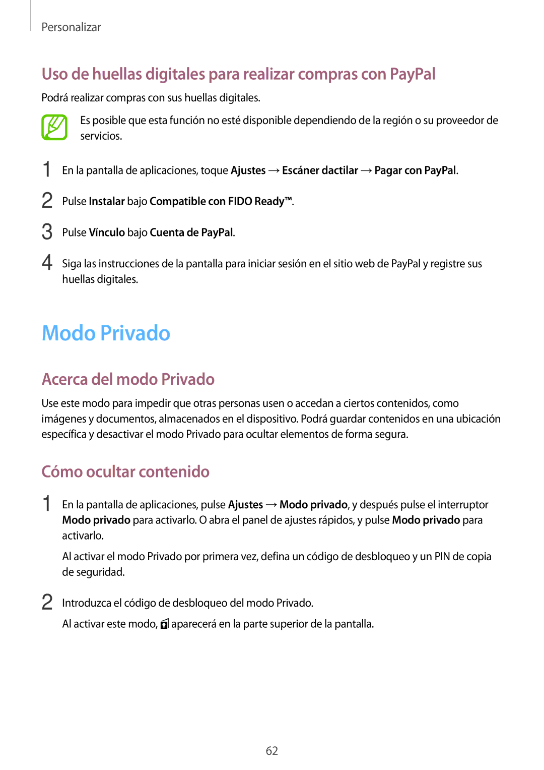 Samsung SM-G800FZWAROM Modo Privado, Uso de huellas digitales para realizar compras con PayPal, Acerca del modo Privado 