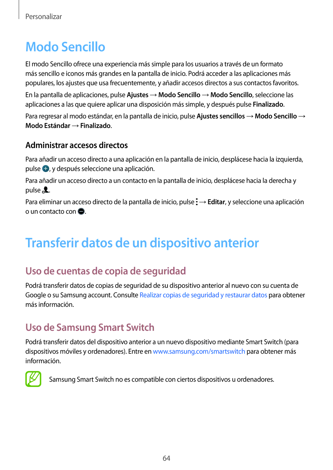 Samsung SM-G800FZKATPH Modo Sencillo, Transferir datos de un dispositivo anterior, Uso de cuentas de copia de seguridad 