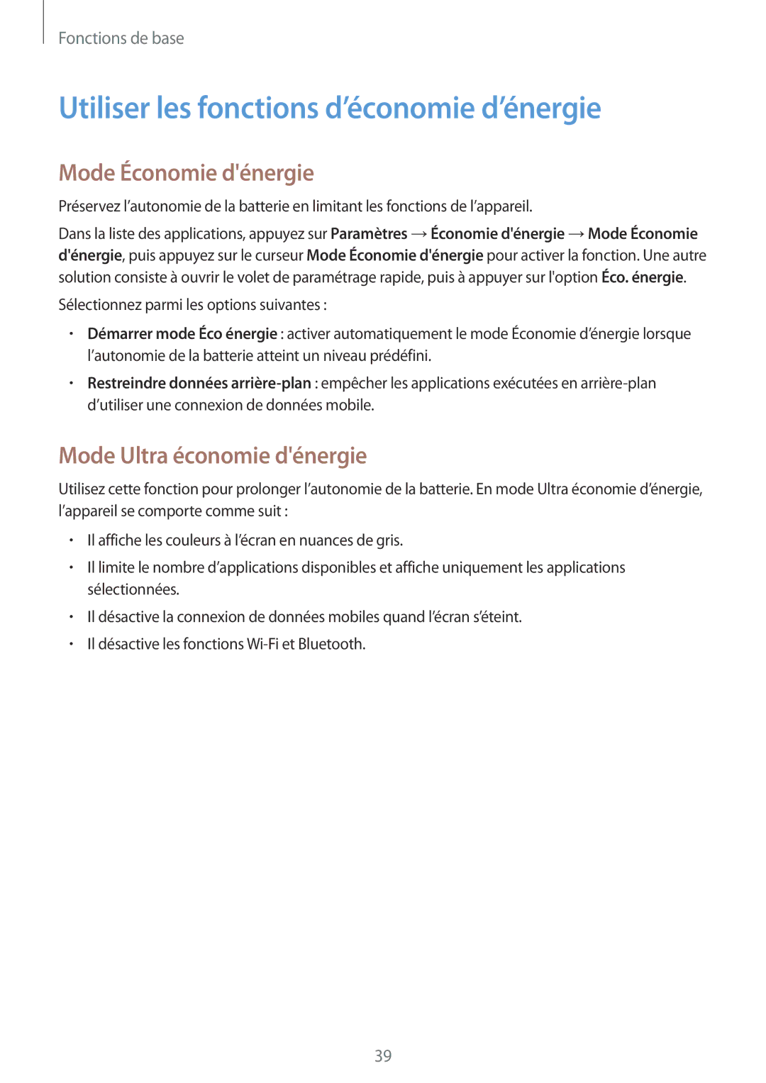 Samsung SM-G800FZKAXEF Utiliser les fonctions d’économie d’énergie, Mode Économie dénergie, Mode Ultra économie dénergie 