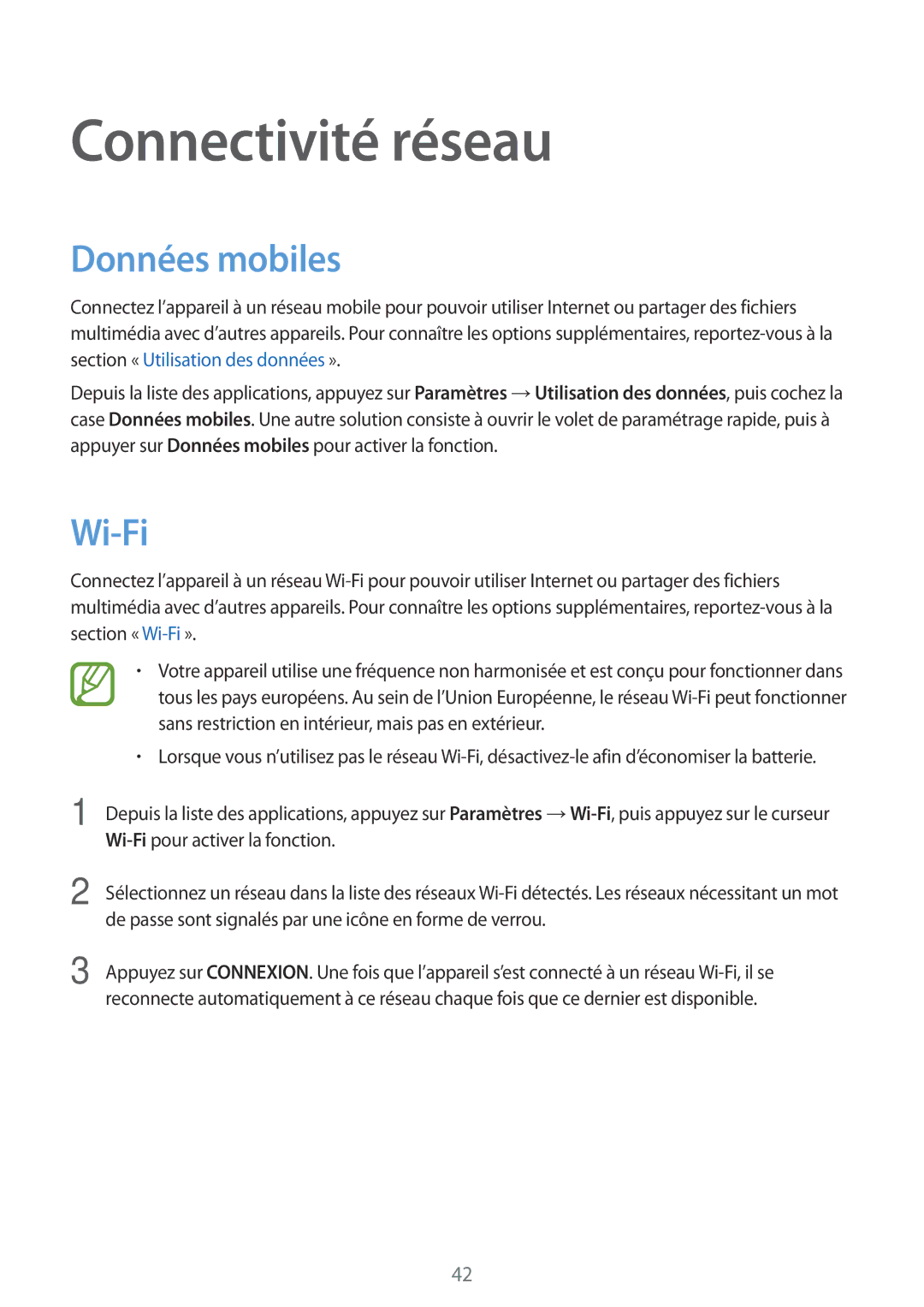 Samsung SM-G800FZDASFR, SM-G800FZKASFR, SM-G800FZWASFR, SM-G800FZWAFTM manual Connectivité réseau, Données mobiles, Wi-Fi 