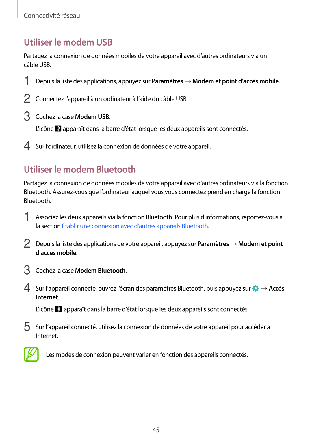 Samsung SM-G800FZKAFTM, SM-G800FZKASFR manual Utiliser le modem USB, Utiliser le modem Bluetooth, Daccès mobile, Internet 