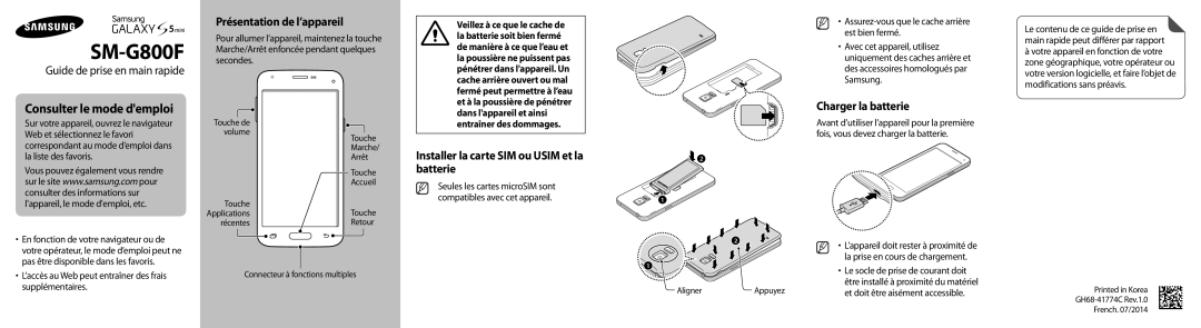 Samsung SM-G800FZWASFR, SM-G800FZKASFR manual Présentation de l’appareil, Installer la carte SIM ou Usim et la batterie 