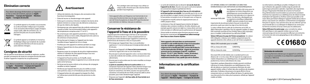 Samsung SM-G800FZWAFTM manual Élimination correcte, Consignes de sécurité, Avertissement, Informations sur la certification 