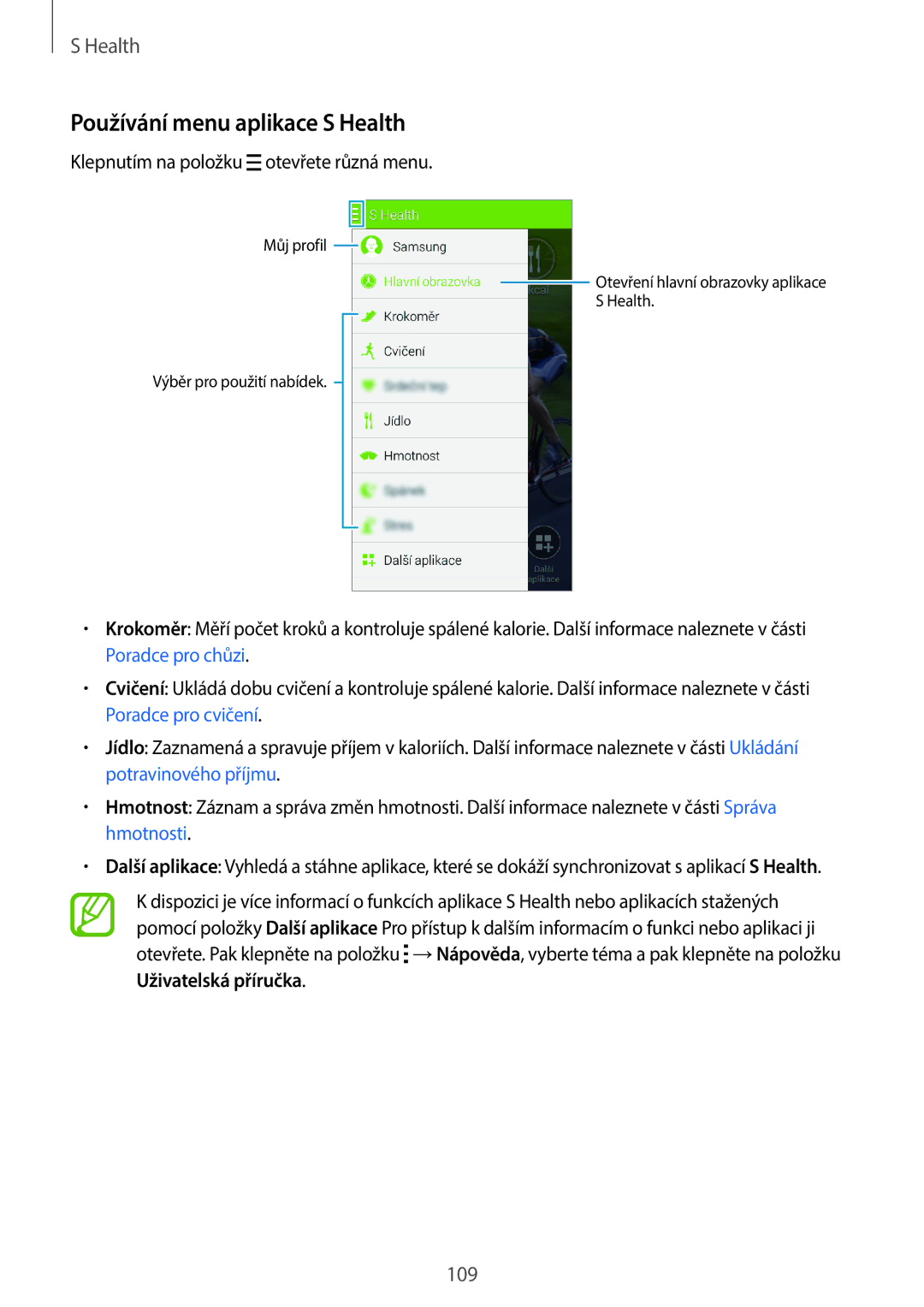 Samsung SM2G800FZWAORS, SM-G800FZKASWC, SM-G800FZKAPLS, SM-G800FZKAAUT, SM-G800FZKAXEO manual Používání menu aplikace S Health 