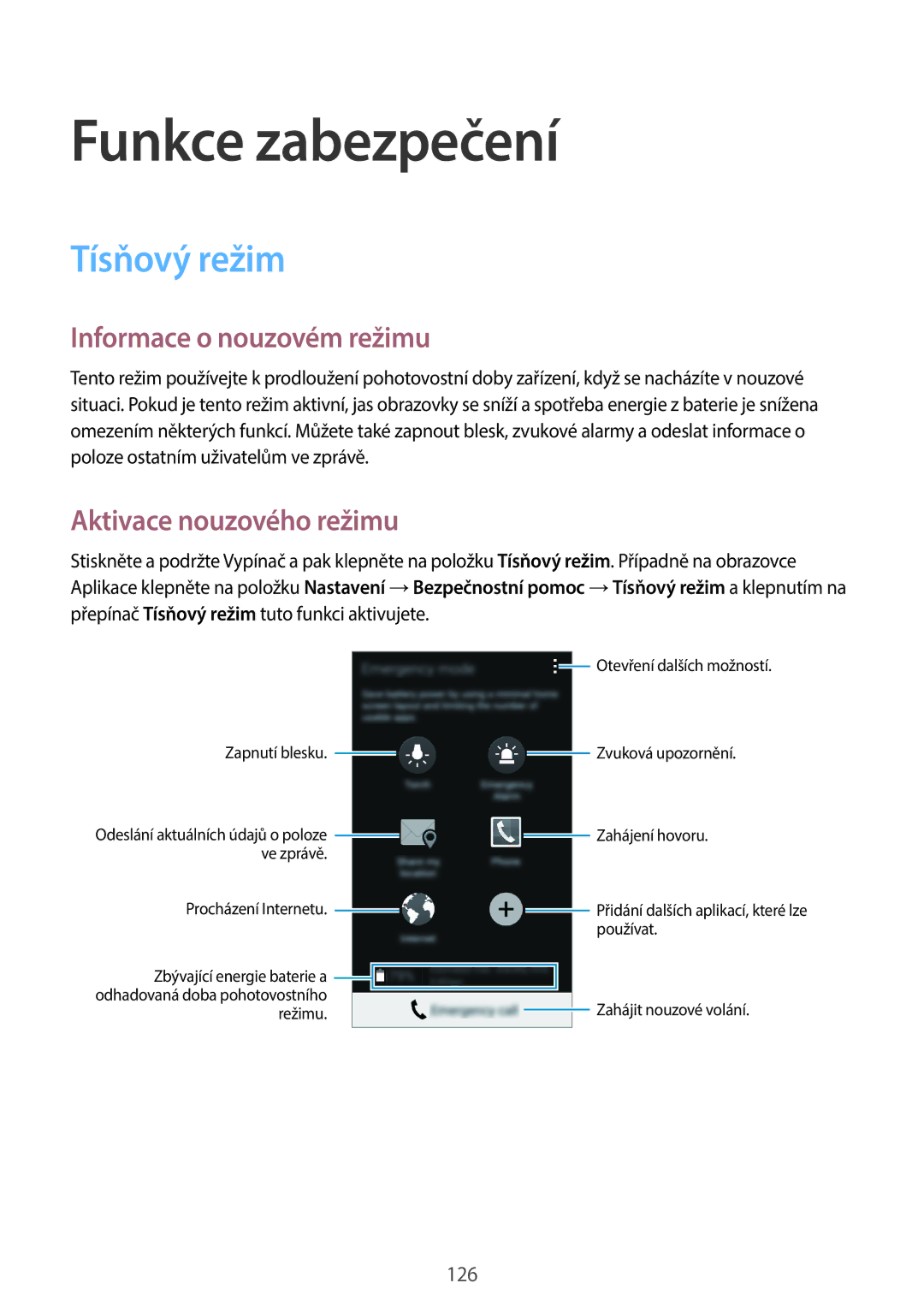 Samsung SM-G800FZDAETL manual Funkce zabezpečení, Tísňový režim, Informace o nouzovém režimu, Aktivace nouzového režimu 