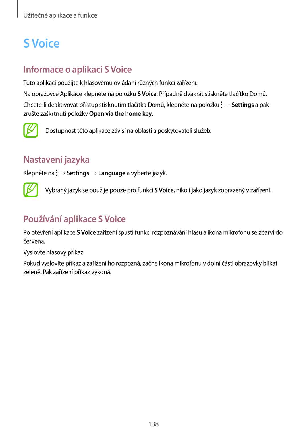 Samsung SM-G800FZDAORX, SM-G800FZKASWC manual Informace o aplikaci S Voice, Nastavení jazyka, Používání aplikace S Voice 