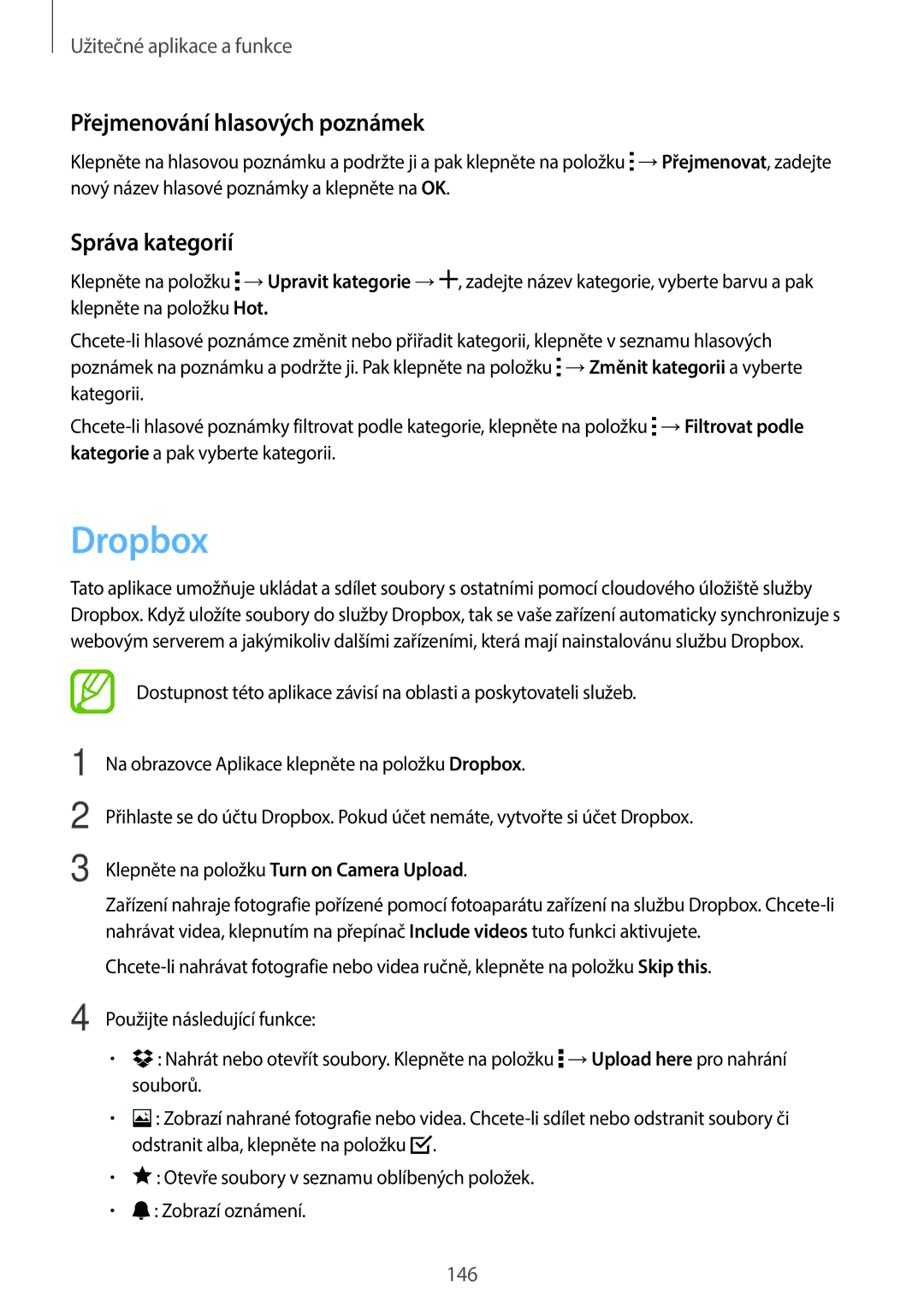 Samsung SM-G800FZWAVDC, SM-G800FZKASWC, SM-G800FZKAPLS manual Dropbox, Přejmenování hlasových poznámek, Správa kategorií 