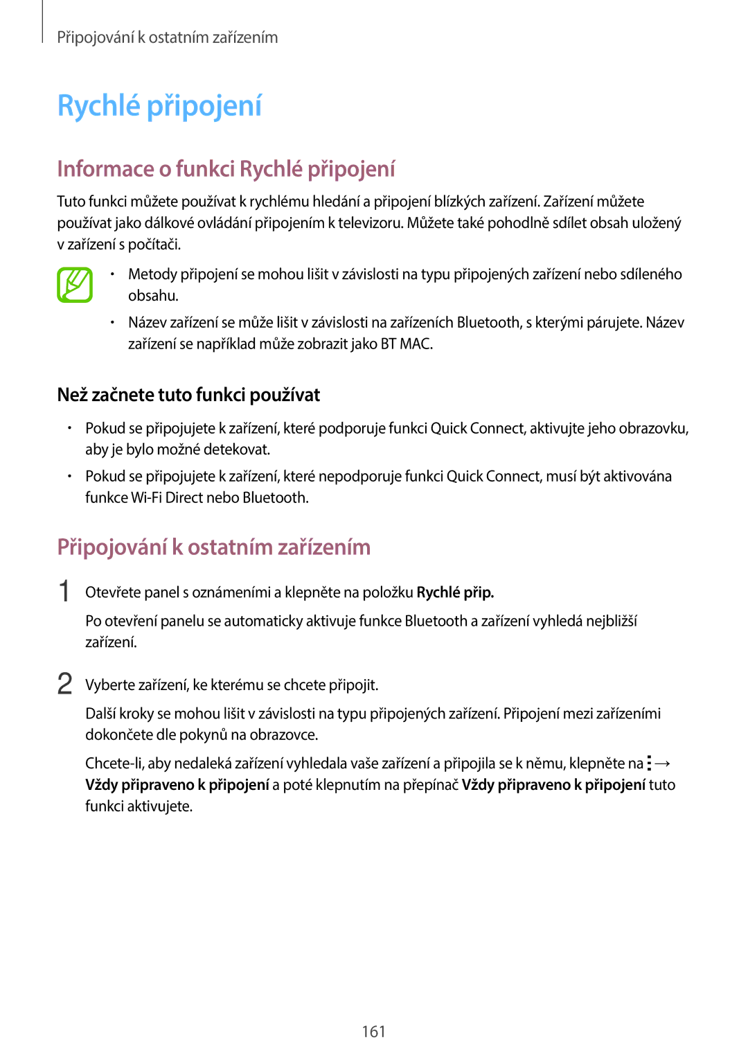 Samsung SM-G800FZWASWC, SM-G800FZKASWC manual Informace o funkci Rychlé připojení, Než začnete tuto funkci používat 