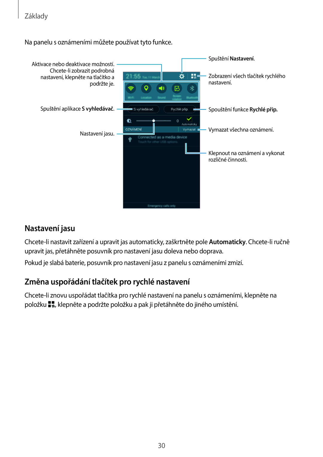 Samsung SM-G800FZKAO2C, SM-G800FZKASWC, SM-G800FZKAPLS manual Nastavení jasu, Změna uspořádání tlačítek pro rychlé nastavení 