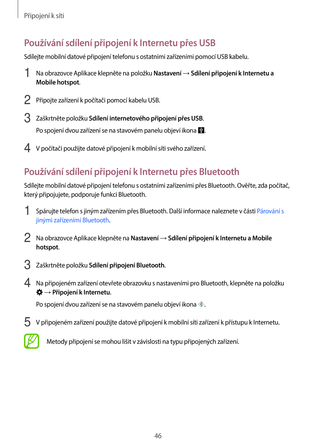 Samsung SM-G800FZWAETL manual Používání sdílení připojení k Internetu přes USB, Mobile hotspot, →Připojení k Internetu 