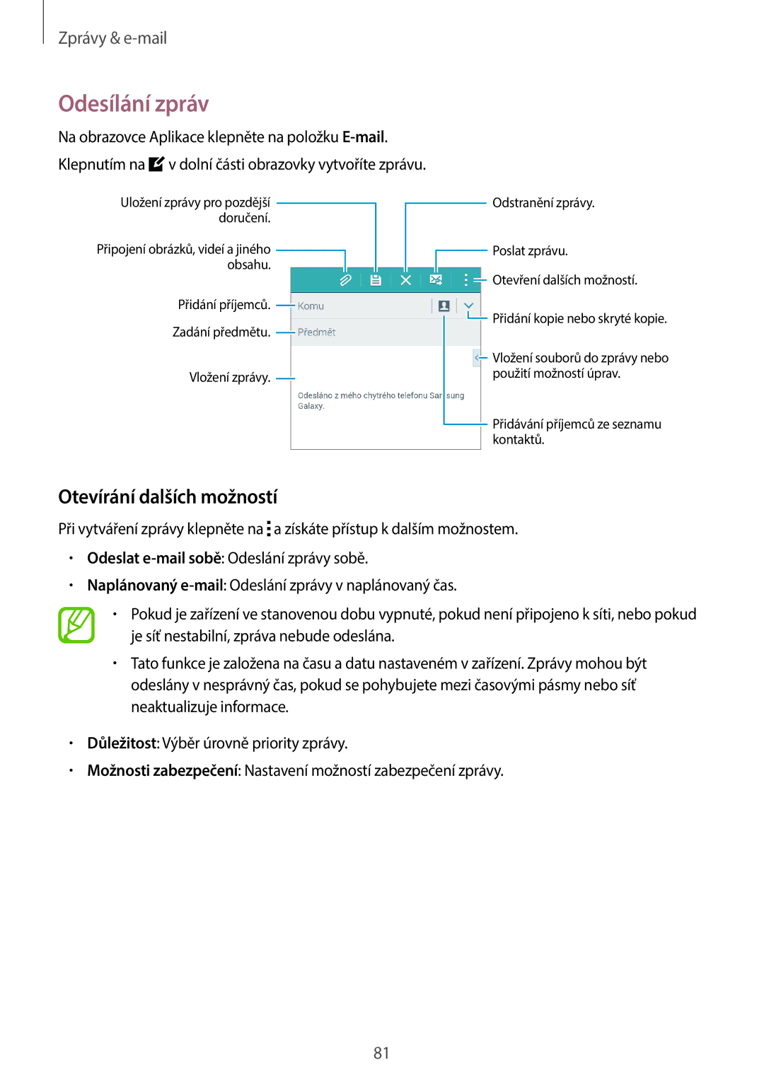 Samsung SM-G800FZWAAUT, SM-G800FZKASWC, SM-G800FZKAPLS, SM-G800FZKAAUT manual Odesílání zpráv, Otevírání dalších možností 