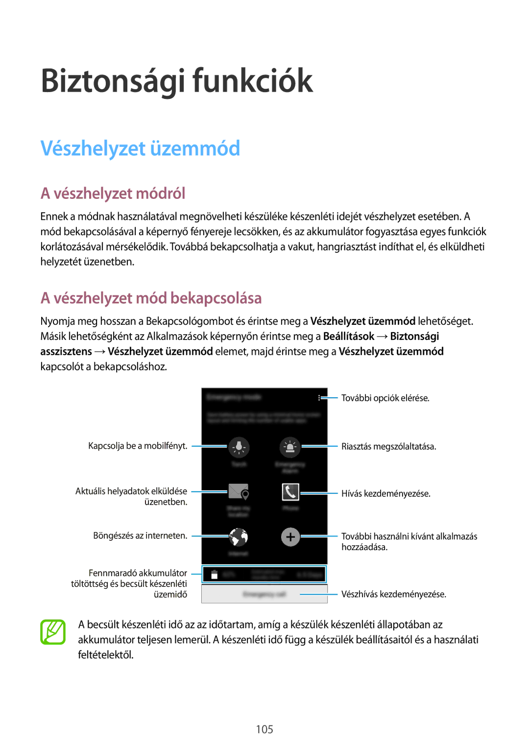 Samsung SM-G800FZKATTR manual Biztonsági funkciók, Vészhelyzet üzemmód, Vészhelyzet módról, Vészhelyzet mód bekapcsolása 