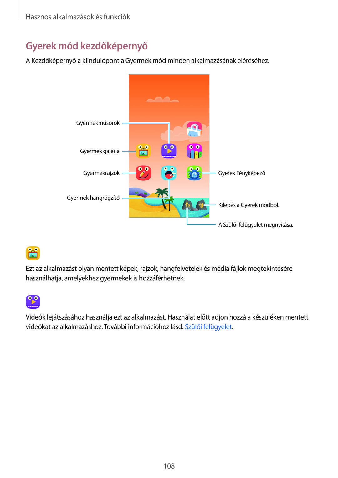 Samsung SM2G800FZWATMH, SM-G800FZKASWC, SM-G800FZKAPLS, SM-G800FZKAAUT, SM-G800FZKAXEO manual Gyerek mód kezdőképernyő 