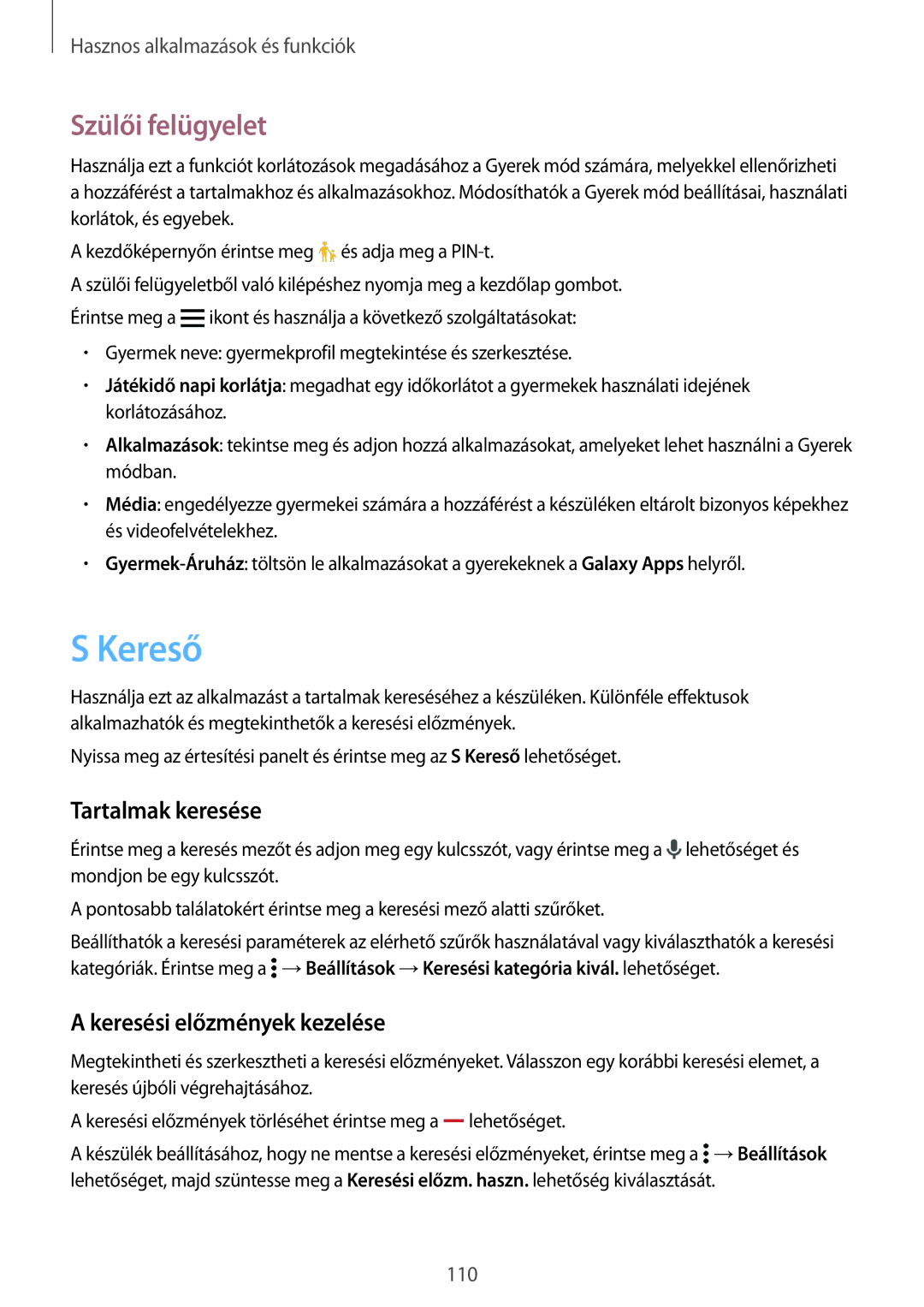 Samsung SM2G800FZKATMH, SM-G800FZKASWC manual Kereső, Szülői felügyelet, Tartalmak keresése, Keresési előzmények kezelése 