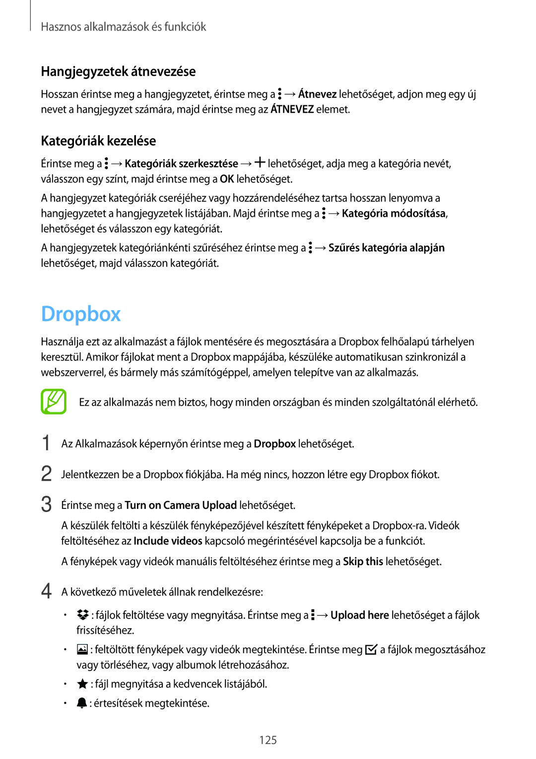 Samsung SM-G800FZKAPAN, SM-G800FZKASWC, SM-G800FZKAPLS manual Dropbox, Hangjegyzetek átnevezése, Kategóriák kezelése 