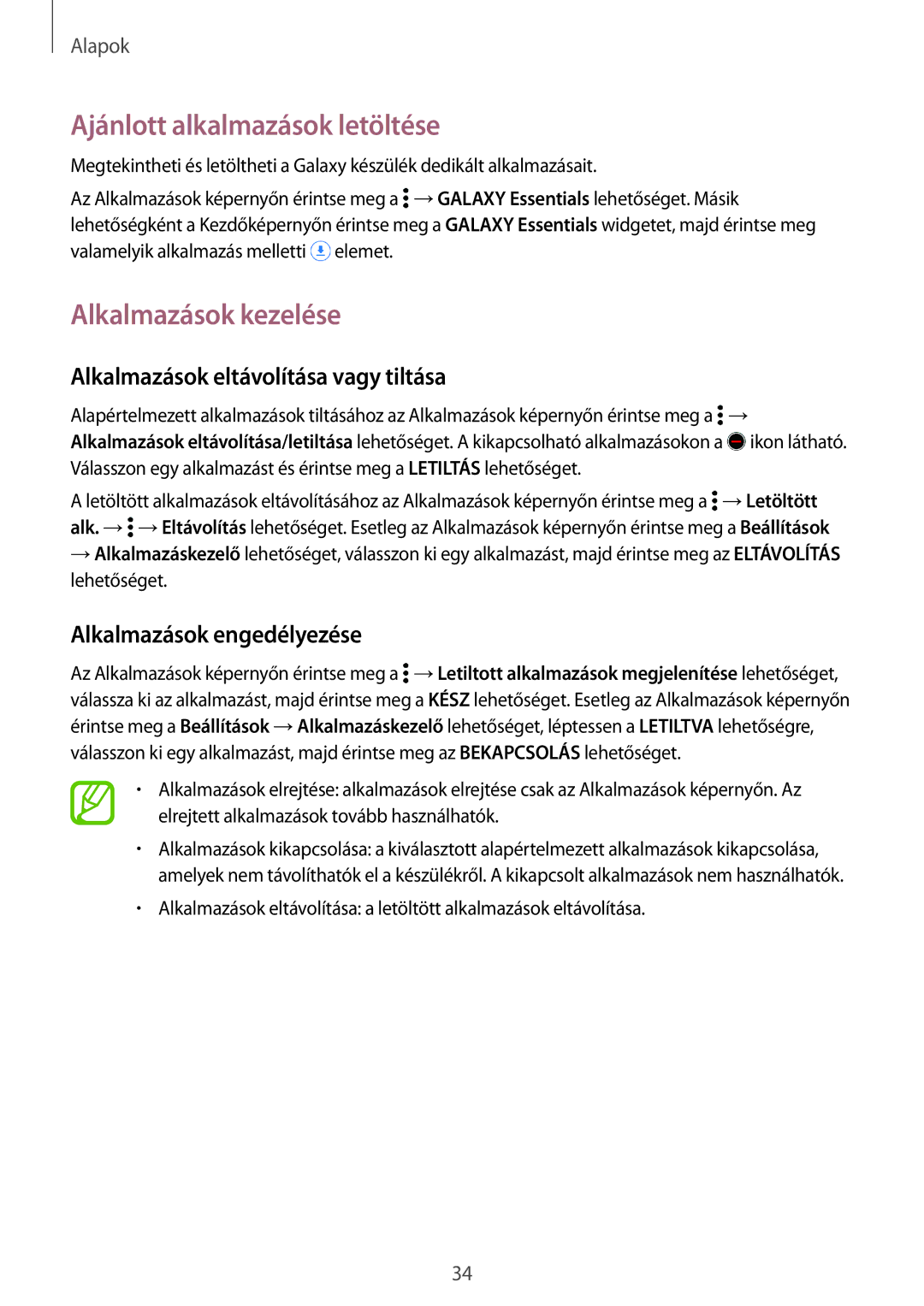 Samsung SM2G800FZKATMH Ajánlott alkalmazások letöltése, Alkalmazások kezelése, Alkalmazások eltávolítása vagy tiltása 