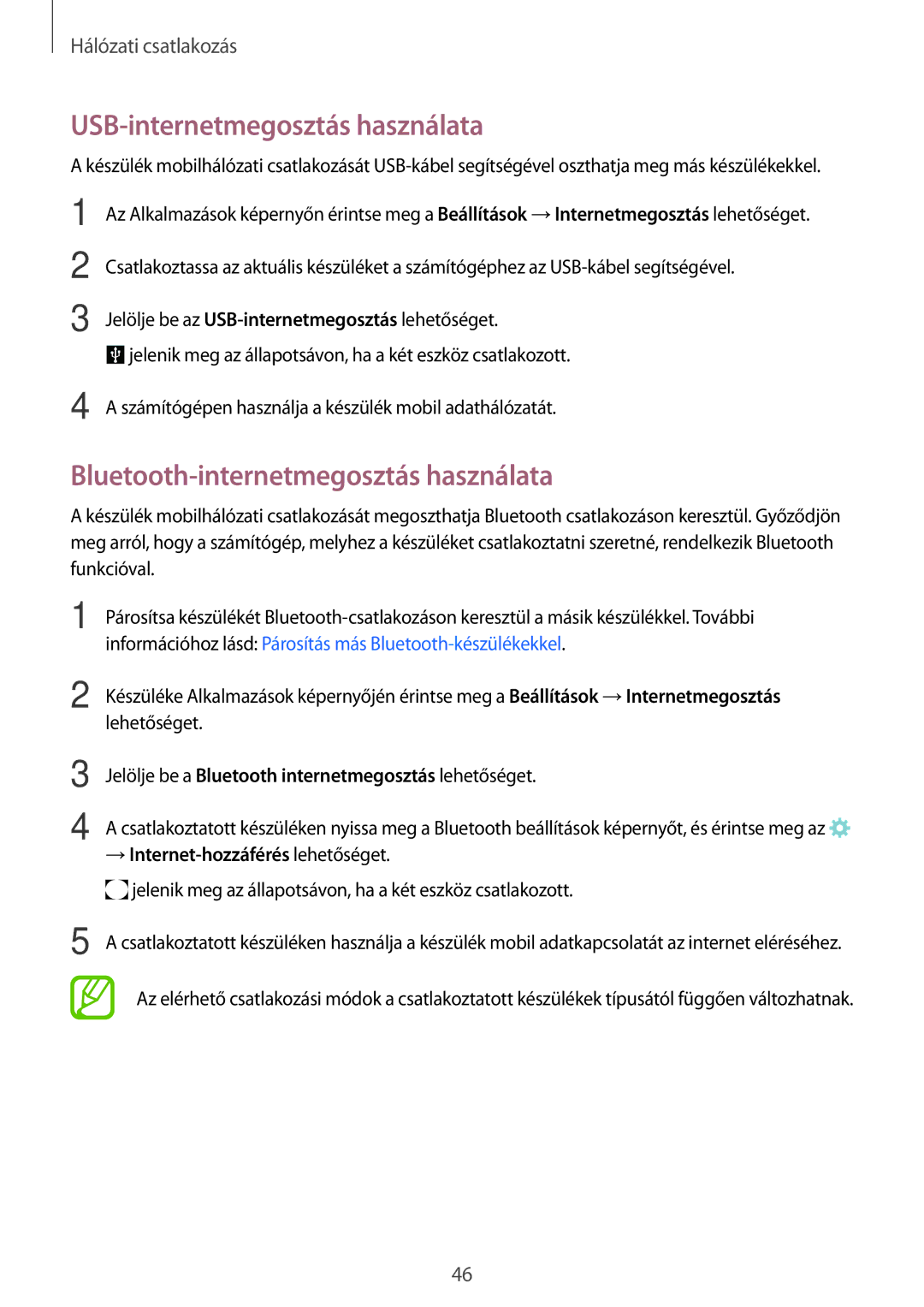 Samsung SM-G800FZWAETL, SM-G800FZKASWC manual USB-internetmegosztás használata, Bluetooth-internetmegosztás használata 