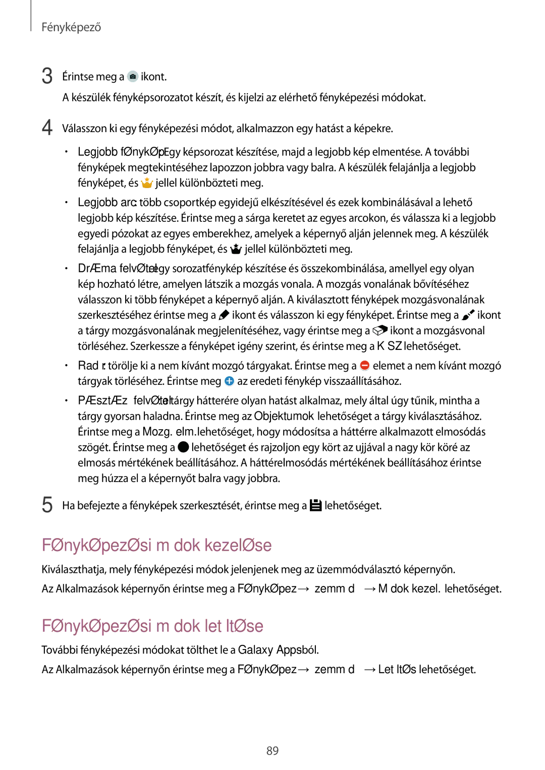 Samsung SM-G800FZKAETL, SM-G800FZKASWC, SM-G800FZKAPLS manual Fényképezési módok kezelése, Fényképezési módok letöltése 