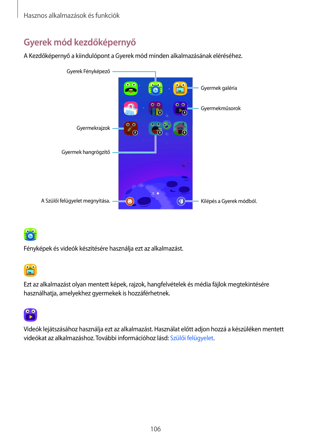 Samsung SM-G800FZKAO2C, SM-G800FZKASWC, SM-G800FZKAPLS, SM-G800FZKAAUT, SM-G800FZKAXEO manual Gyerek mód kezdőképernyő 