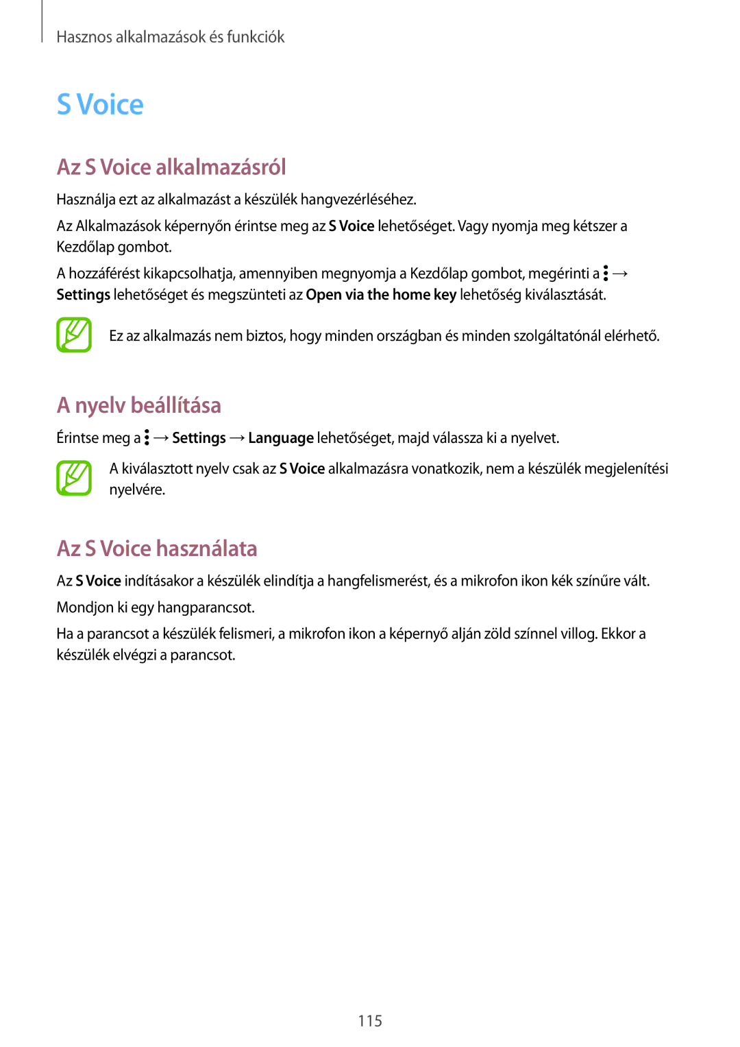 Samsung SM-G800FZBATMH, SM-G800FZKASWC manual Az S Voice alkalmazásról, Nyelv beállítása, Az S Voice használata 