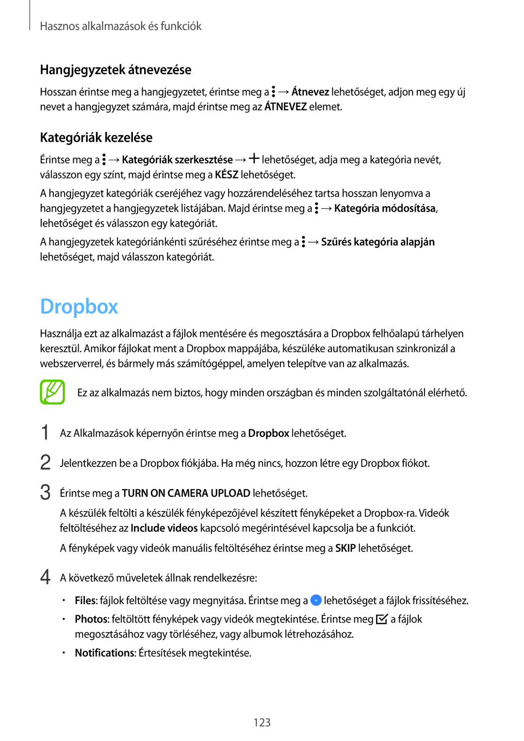 Samsung SM-G800FZWAATO, SM-G800FZKASWC, SM-G800FZKAPLS manual Dropbox, Hangjegyzetek átnevezése, Kategóriák kezelése 