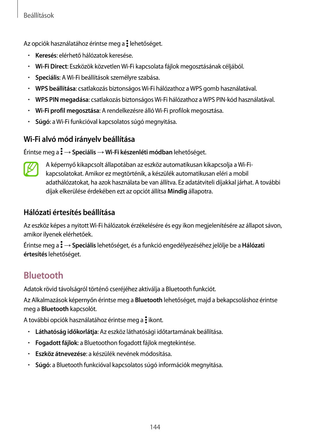 Samsung SM-G800FZKATMS, SM-G800FZKASWC manual Bluetooth, Wi-Fi alvó mód irányelv beállítása, Hálózati értesítés beállítása 