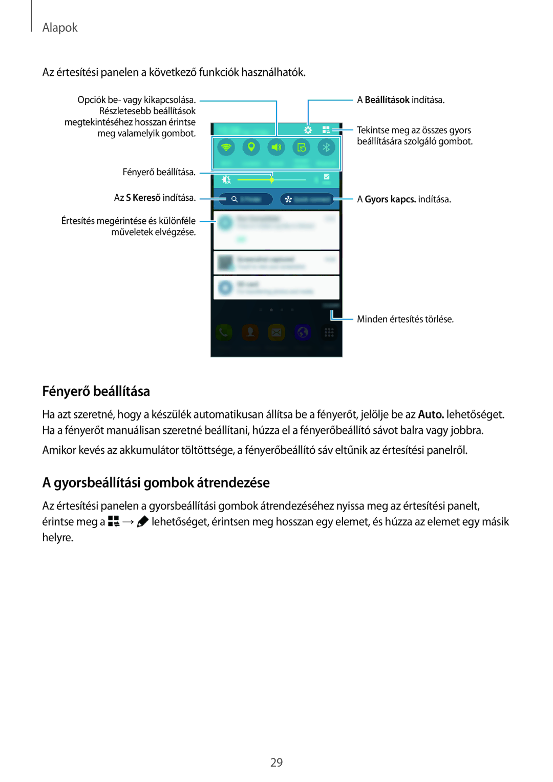 Samsung SM-G800FZKATTR, SM-G800FZKASWC, SM-G800FZKAPLS manual Fényerő beállítása, Gyorsbeállítási gombok átrendezése 