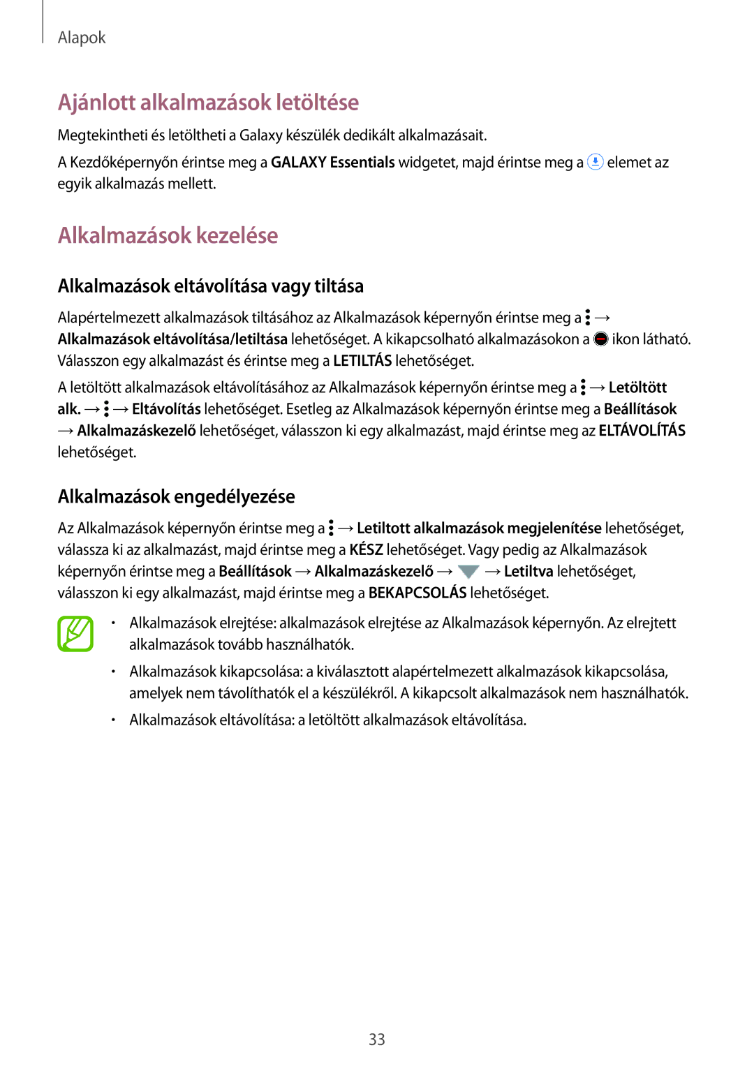 Samsung SM2G800FZWAORS Ajánlott alkalmazások letöltése, Alkalmazások kezelése, Alkalmazások eltávolítása vagy tiltása 