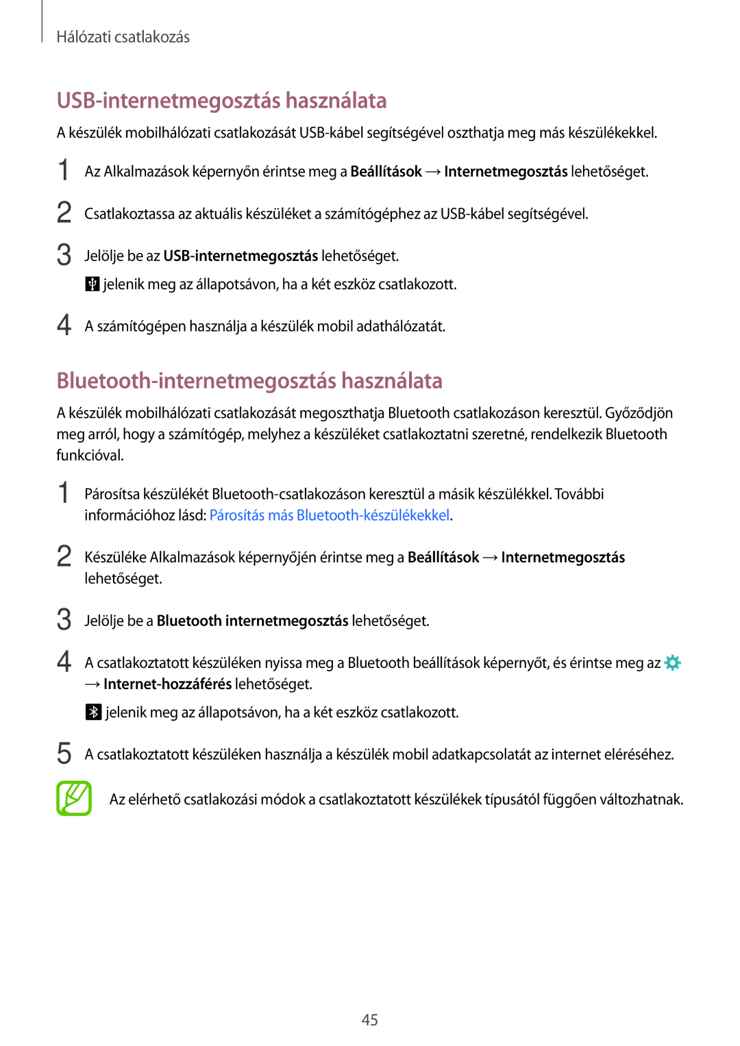 Samsung SM2G800FZDAXEH, SM-G800FZKASWC manual USB-internetmegosztás használata, Bluetooth-internetmegosztás használata 