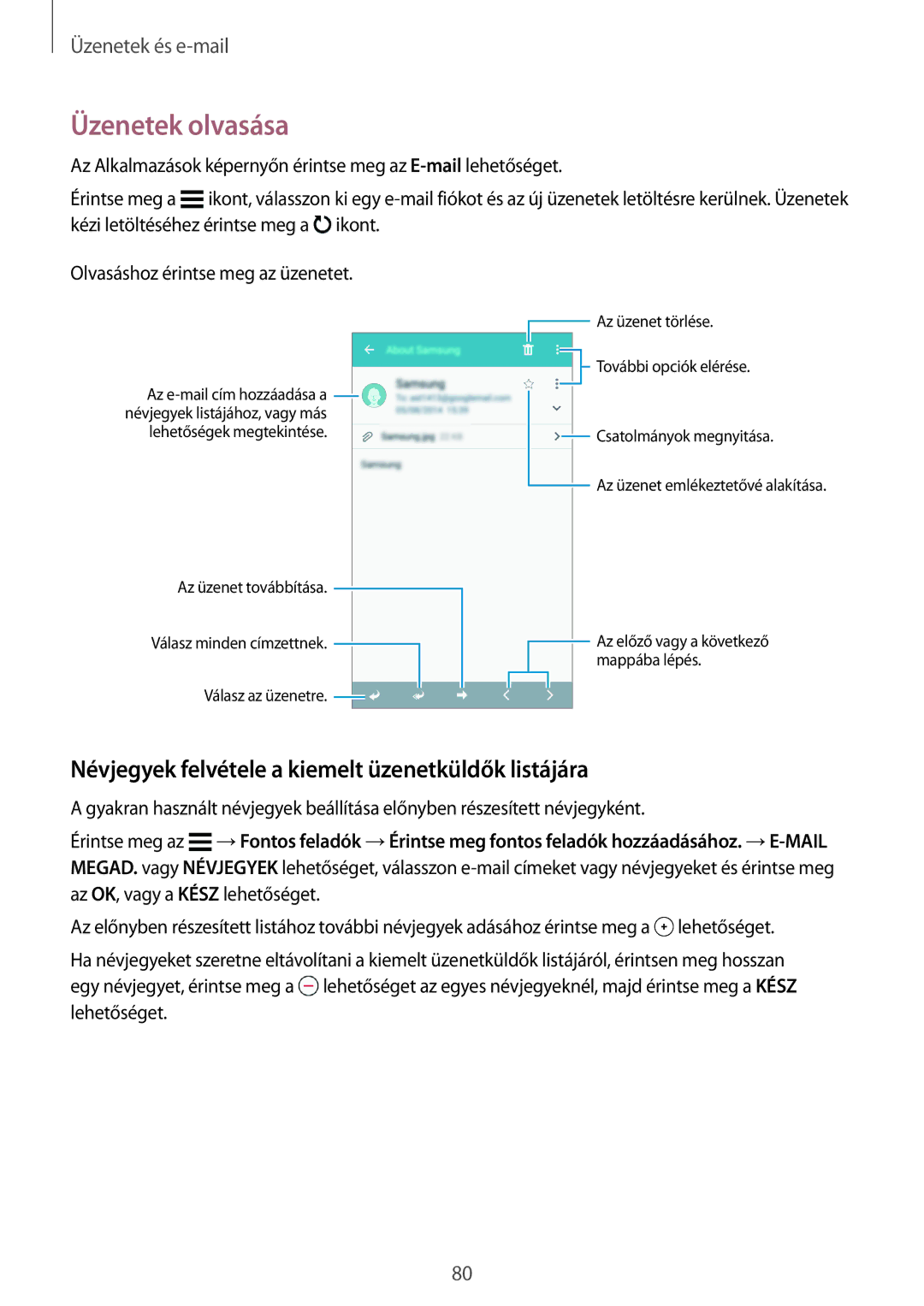 Samsung SM-G800FZBAAUT, SM-G800FZKASWC manual Üzenetek olvasása, Névjegyek felvétele a kiemelt üzenetküldők listájára 