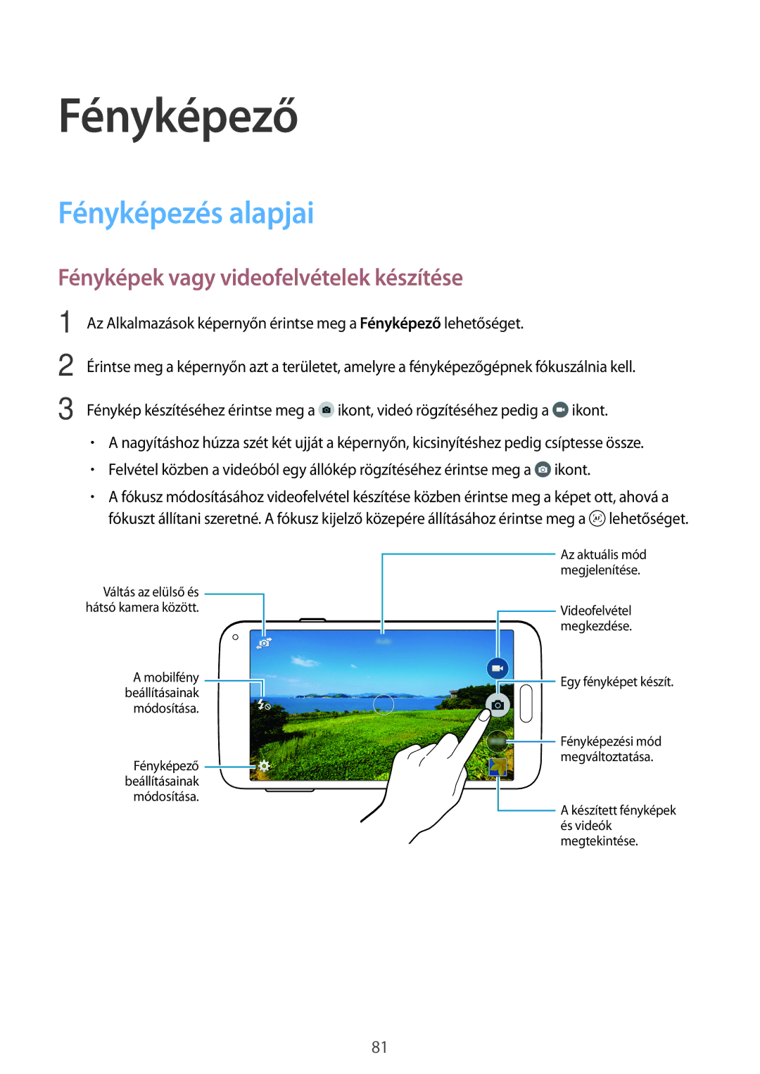 Samsung SM-G800FZWAAUT, SM-G800FZKASWC manual Fényképező, Fényképezés alapjai, Fényképek vagy videofelvételek készítése 