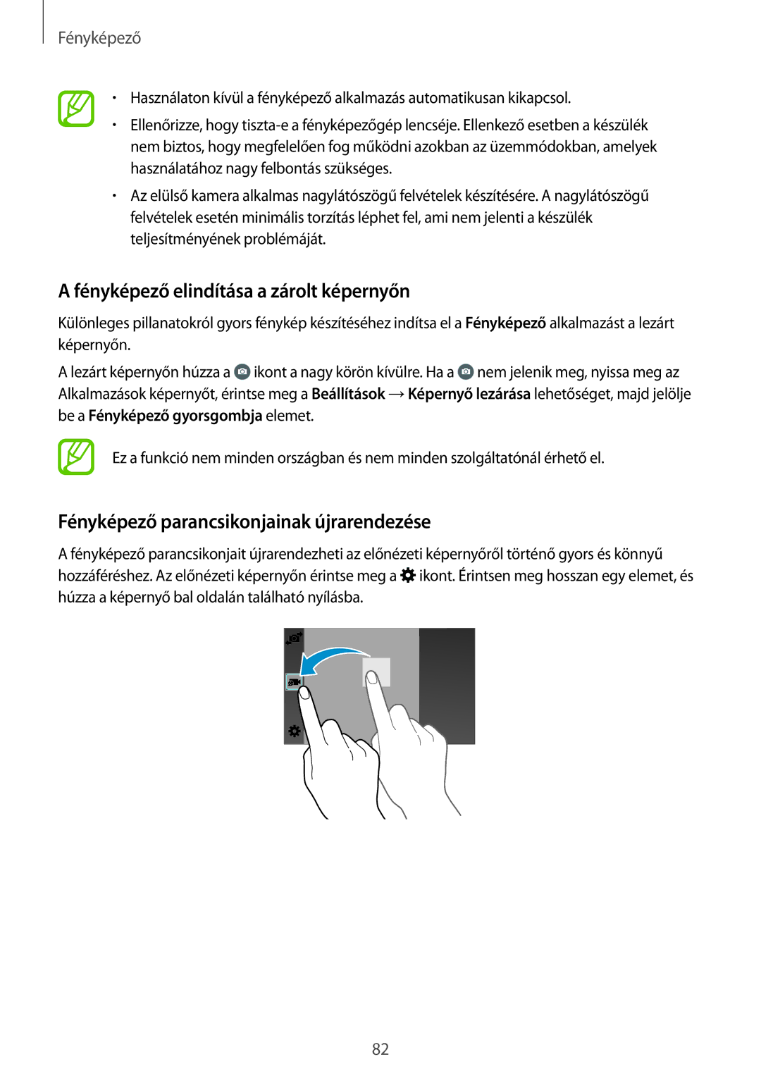 Samsung SM-G800FZDAXEO manual Fényképező elindítása a zárolt képernyőn, Fényképező parancsikonjainak újrarendezése 