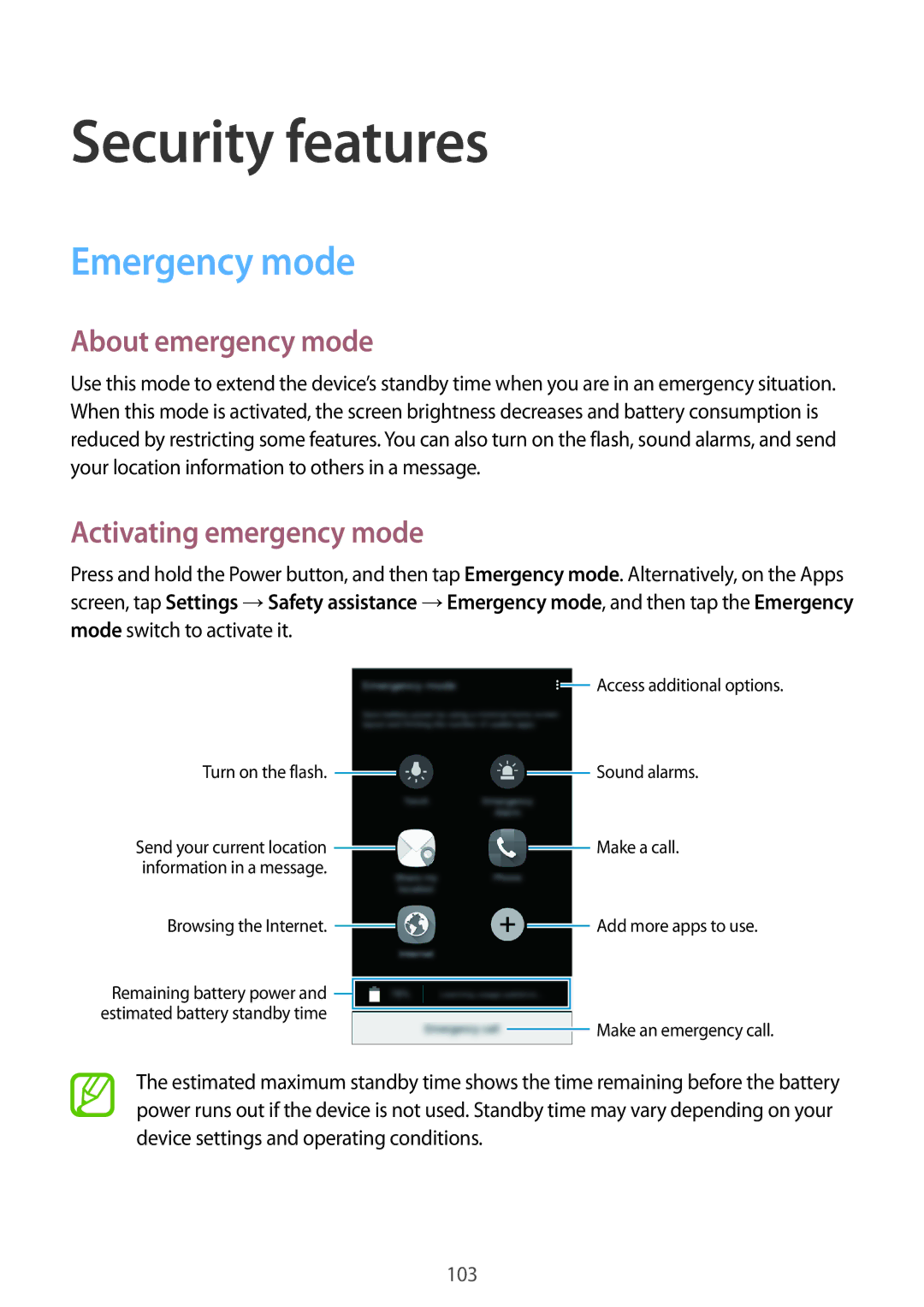 Samsung SM2G800FZKATWO, SM-G800FZWADBT Security features, Emergency mode, About emergency mode, Activating emergency mode 