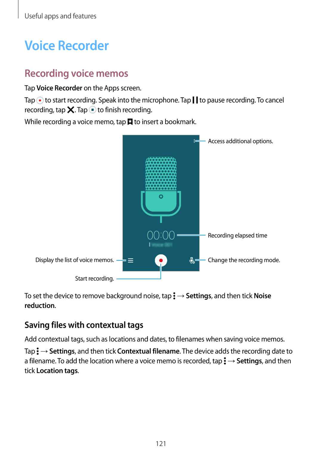 Samsung SM-G800FZKATTR, SM-G800FZWADBT manual Voice Recorder, Recording voice memos, Saving files with contextual tags 