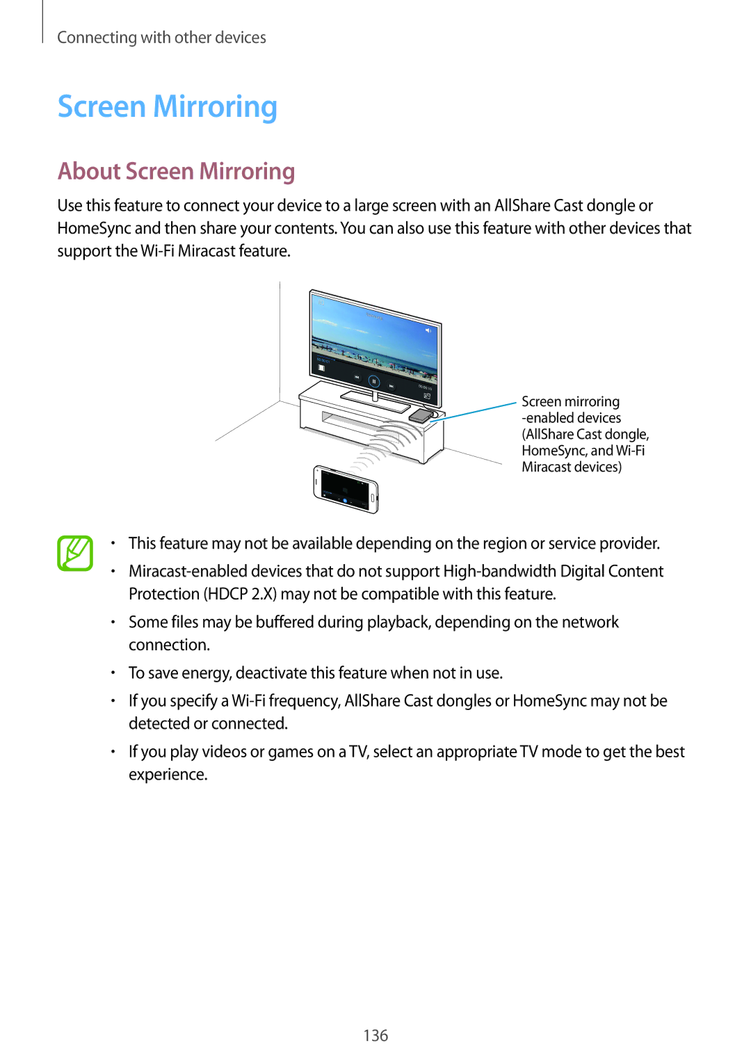 Samsung SM2G800FZKAETL, SM-G800FZWADBT, SM-G800FZDADBT, SM-G800FZKADBT, SM-G800FZBADBT manual About Screen Mirroring 