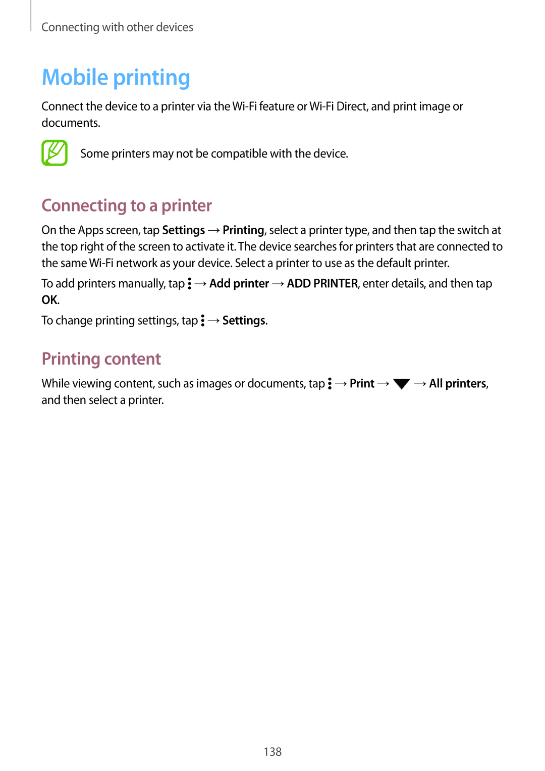 Samsung SM-G800FZWAETL, SM-G800FZWADBT, SM-G800FZDADBT manual Mobile printing, Connecting to a printer, Printing content 