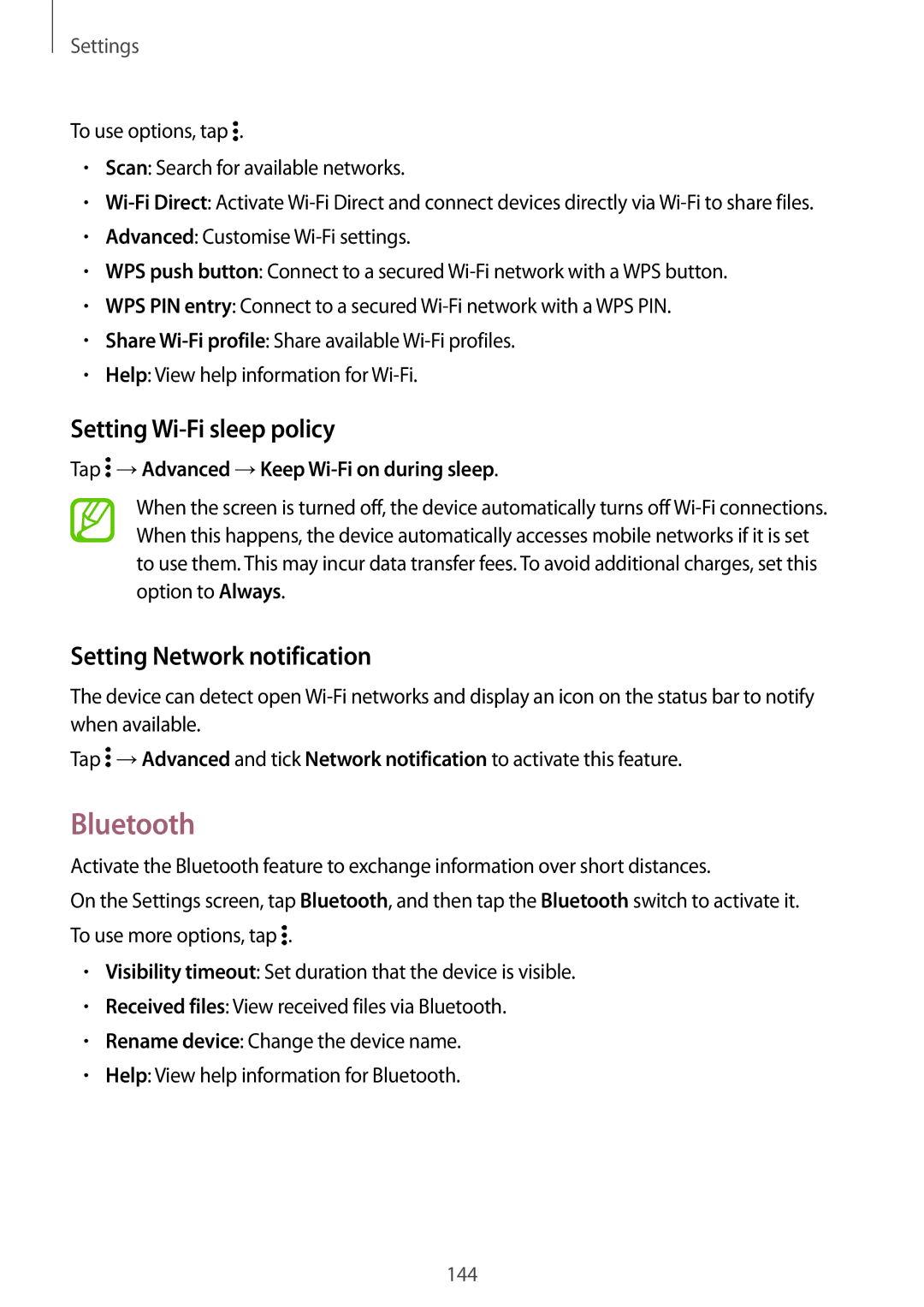 Samsung SM2G800FZDAETL, SM-G800FZWADBT, SM-G800FZDADBT Bluetooth, Setting Wi-Fi sleep policy, Setting Network notification 