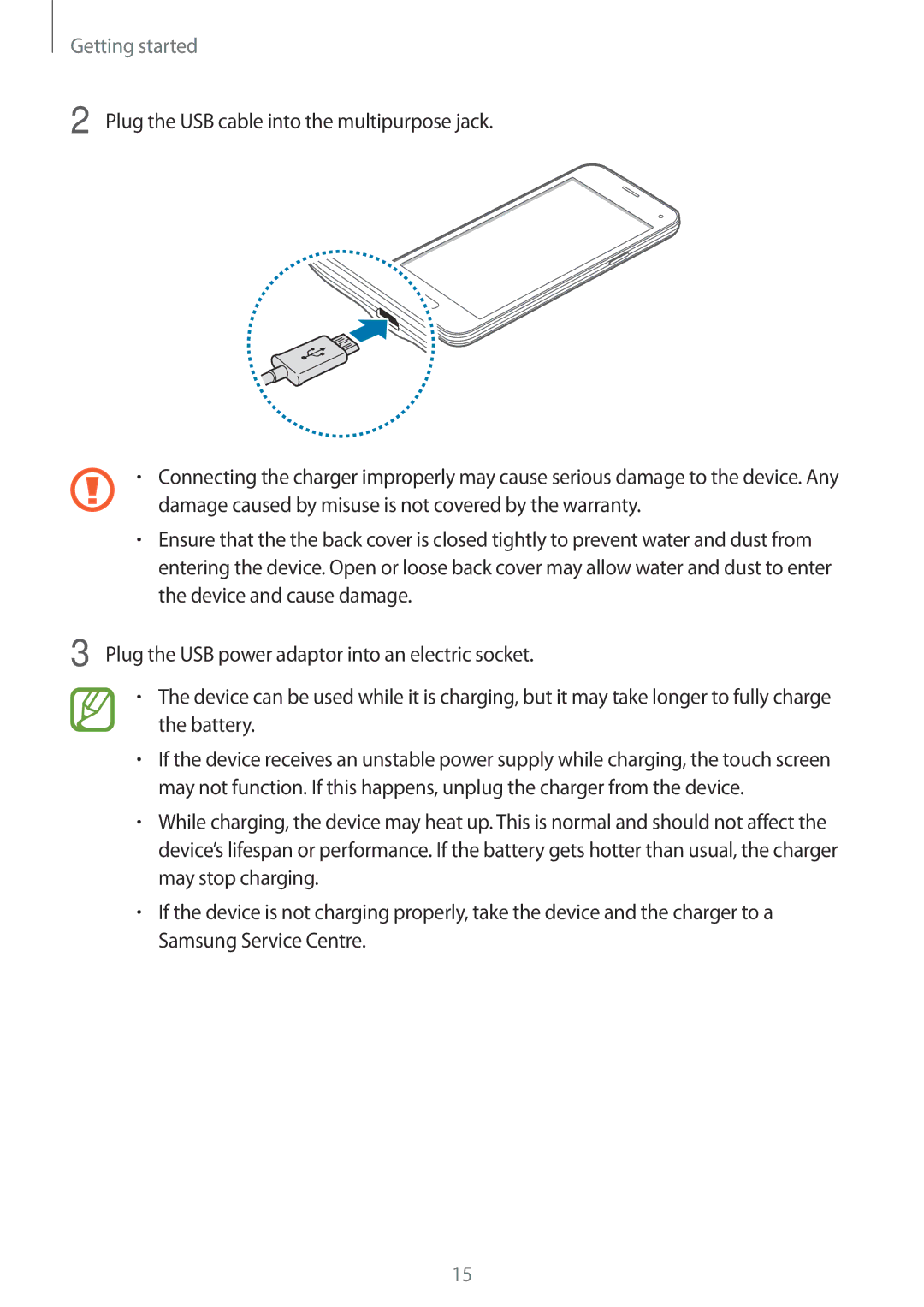 Samsung SM-G800FZDAFTM, SM-G800FZWADBT, SM-G800FZDADBT, SM-G800FZKADBT manual Plug the USB cable into the multipurpose jack 