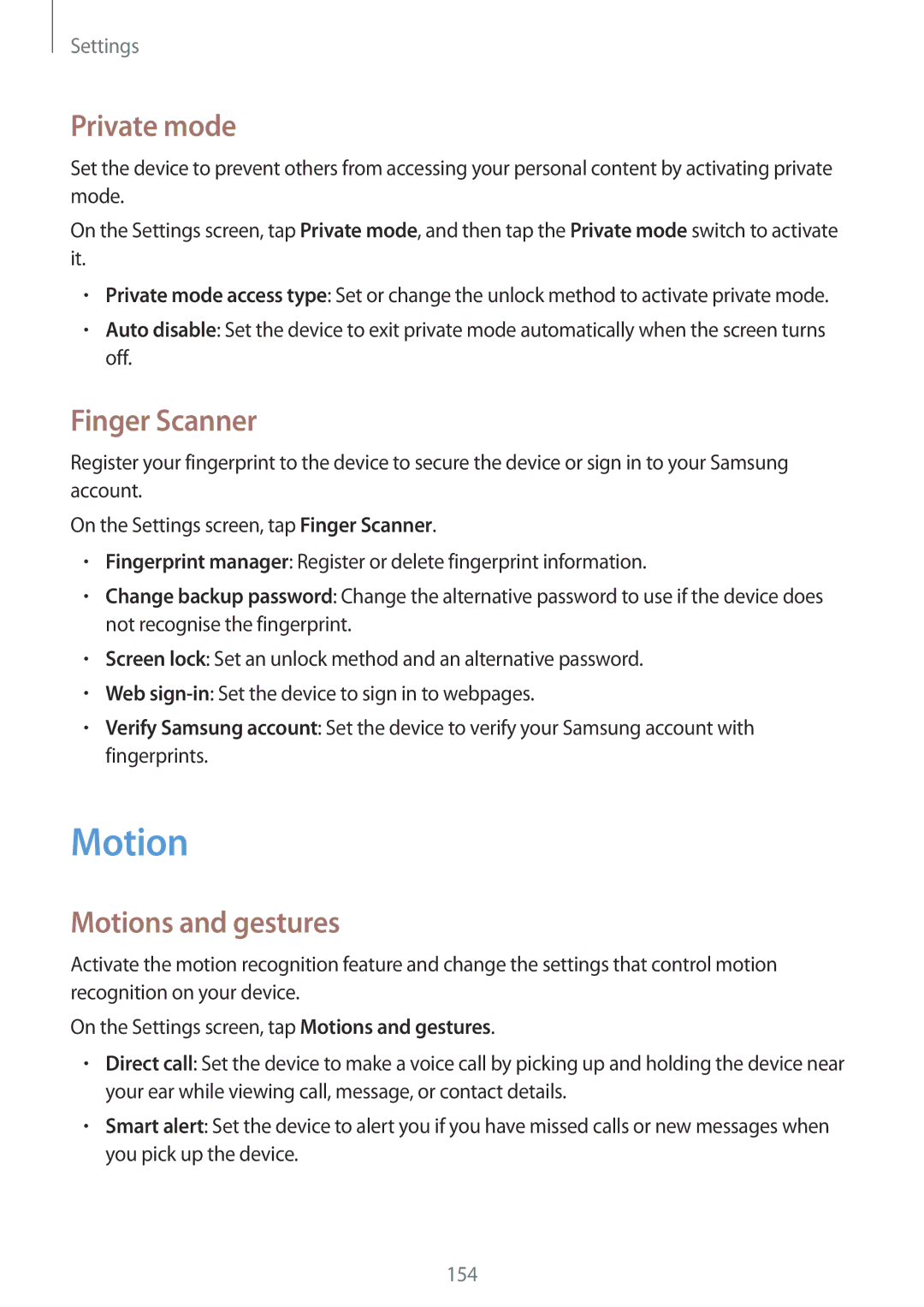 Samsung SM-G800FZDAORX, SM-G800FZWADBT, SM-G800FZDADBT manual Private mode, Finger Scanner, Motions and gestures 