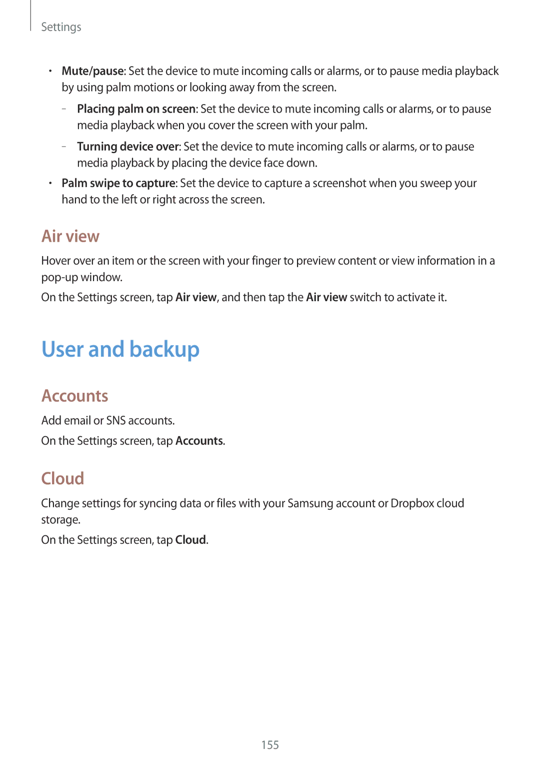 Samsung SM-G800FZDATMH, SM-G800FZWADBT, SM-G800FZDADBT, SM-G800FZKADBT manual User and backup, Air view, Accounts, Cloud 