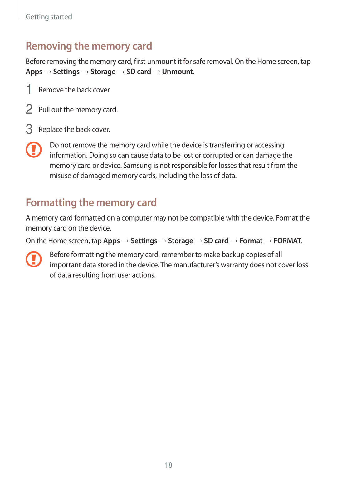 Samsung SM-G800FZKASWC, SM-G800FZWADBT, SM-G800FZDADBT, SM-G800FZKADBT Removing the memory card, Formatting the memory card 