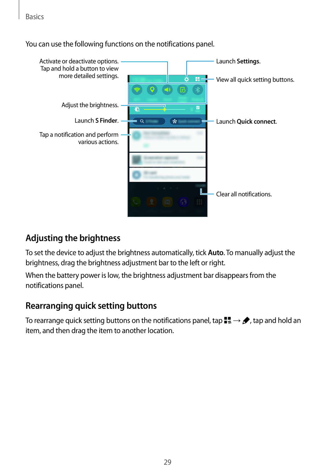 Samsung SM-G800FZDAXEO, SM-G800FZWADBT, SM-G800FZDADBT manual Adjusting the brightness, Rearranging quick setting buttons 