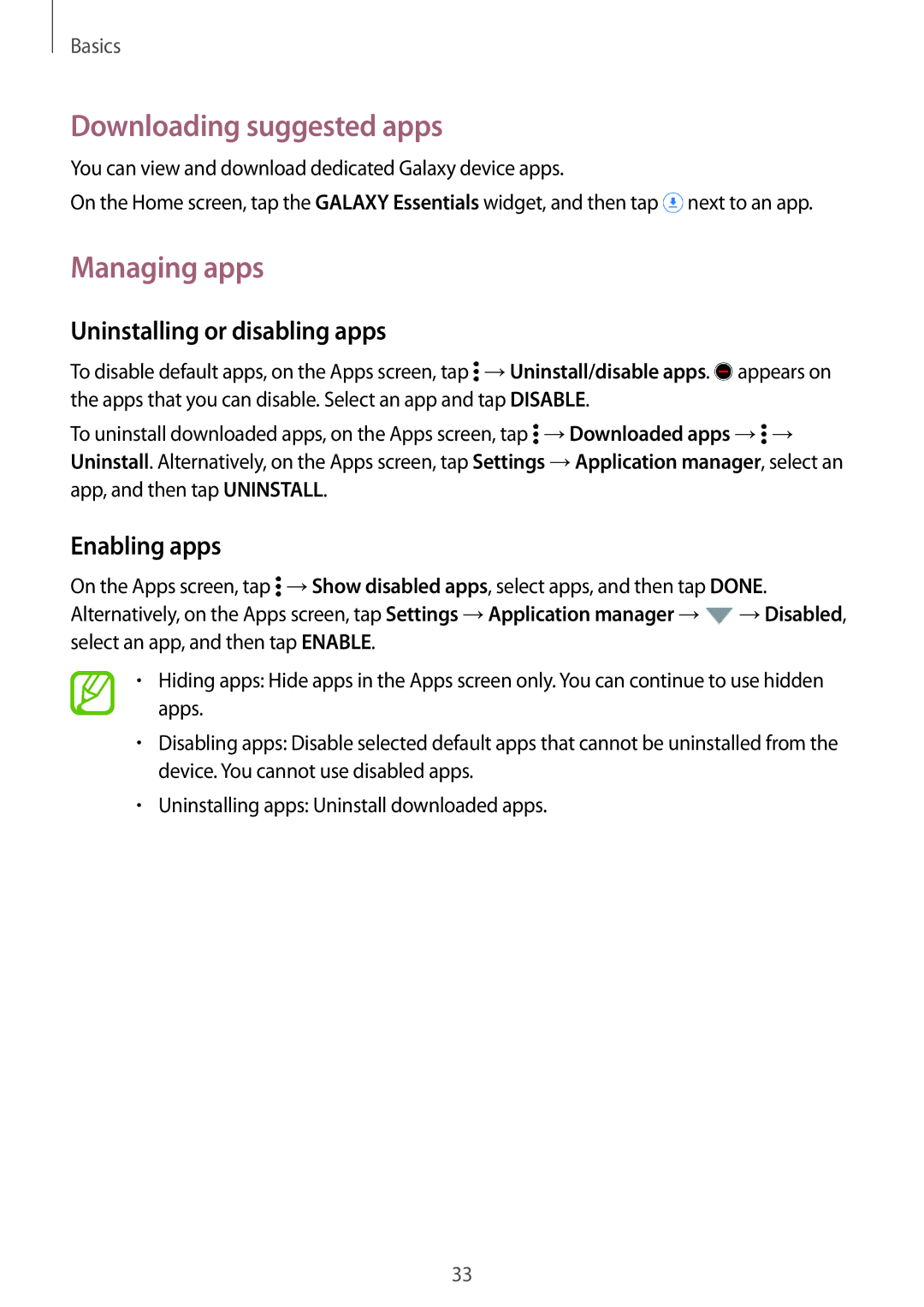 Samsung SM-G800FZKATIM manual Downloading suggested apps, Managing apps, Uninstalling or disabling apps, Enabling apps 