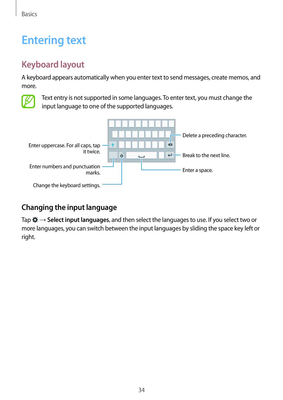 Samsung SM-G800FZKAPHN, SM-G800FZWADBT, SM-G800FZDADBT manual Entering text, Keyboard layout, Changing the input language 