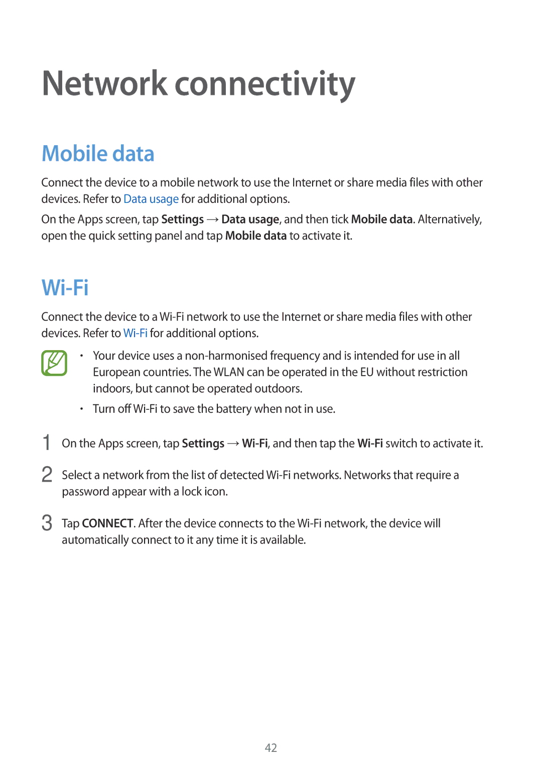 Samsung SM-G800FZWAWIN, SM-G800FZWADBT, SM-G800FZDADBT, SM-G800FZKADBT manual Network connectivity, Mobile data, Wi-Fi 
